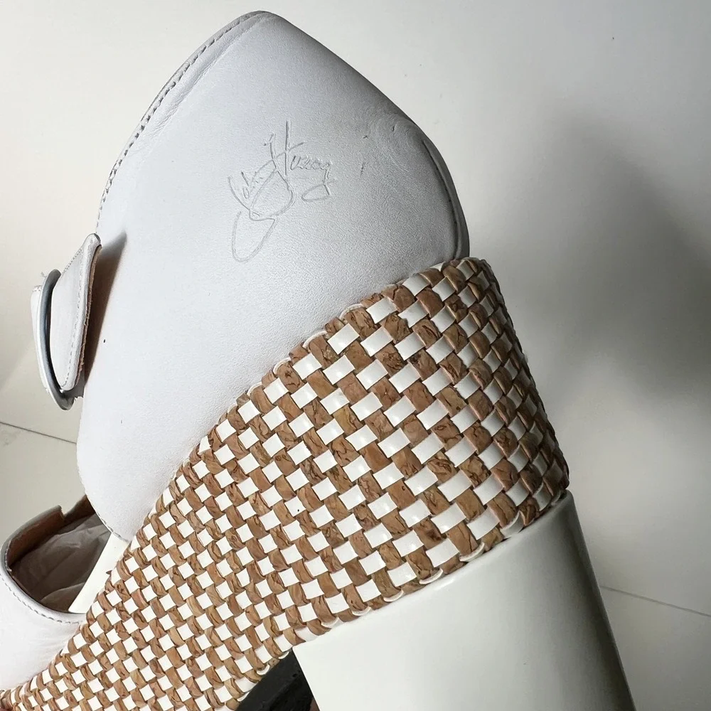 John Fluevog Ana Rita Platform Mary Jane 9 White Leather Woven Cork Block Heel
